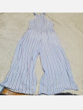 NEW Blue White Striped Halter Wide Leg Jumpsuit Large Casual Classic Parisian